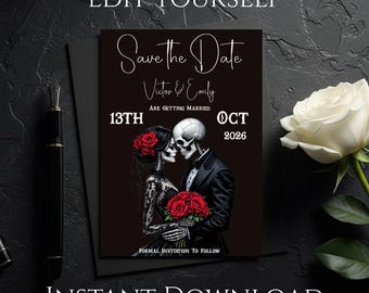 Skeleton Bride and Groom Save the Date, Gothic Wedding Invitation (Canva Template)