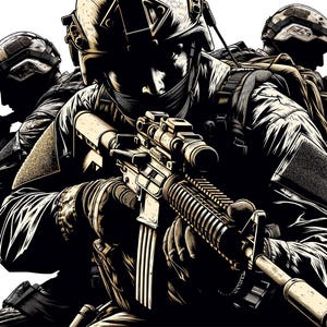 Könnte beinhalten: Drei Soldaten in Tarnkleidung halten Gewehre. Der Soldat in der Mitte hält ein Gewehr mit einem Zielfernrohr. Die Soldaten befinden sich in einer taktischen Formation und sind bereit zum Einsatz.