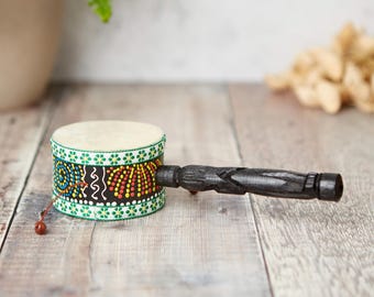 Ontong Monkey Drum Shaker – Dot Painted Musical Instrument from Indonesian 22cm