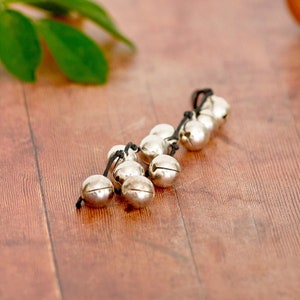 Può includere: Una fila di campanelle d'argento collegate da uno spago nero. Le campanelle sono disposte in linea e sono tutte della stessa dimensione.