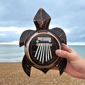 May include: A handcrafted wooden kalimba in the shape of a turtle. The instrument features a dark brown finish with a lighter wood trim and silver tines. The kalimba is held against a backdrop of a beach and ocean.