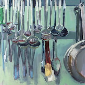 May include: A painting of a kitchen utensil rack with a variety of metal ladles, spoons, and whisks hanging from it. The rack is painted in a light green color, and the utensils are painted in shades of gray, blue, and red. There is a large metal pan hanging on the right side of the rack.