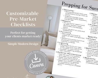 May include: A checklist for preparing a home for sale. The checklist includes sections for decluttering, repairs, furniture, lighting, exterior maintenance, major cleaning, professional home staging, specific areas, and bedrooms. The checklist is designed to help real estate agents prepare their clients' homes for the market.