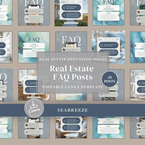 May include: A collection of twenty digital social media templates for real estate education featuring FAQ layouts. The designs include blue and teal watercolor backgrounds, white text boxes with questions and answers, and the text Real Estate FAQ Posts.