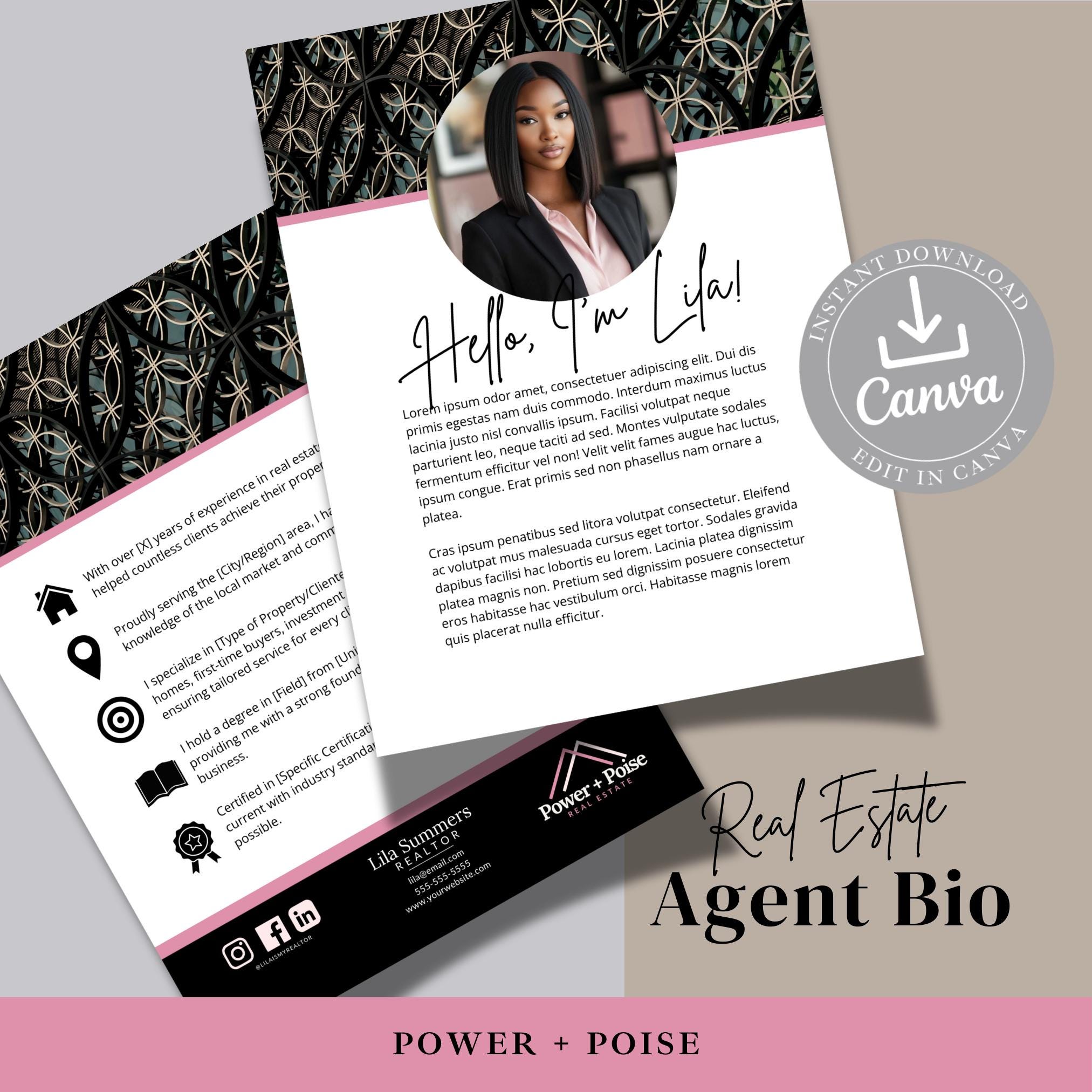 Biografía del agente inmobiliario / Hoja informativa / Plantilla de Canva para bienes raíces / Biografía del agente / Vendido recientemente / Carta de presentación del agente inmobiliario / Poder y aplomo