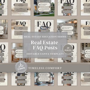 May include: A collection of twenty editable social media templates for real estate education, featuring FAQ headers, question and answer boxes, and neutral beige backgrounds with botanical line art accents and Canva branding.