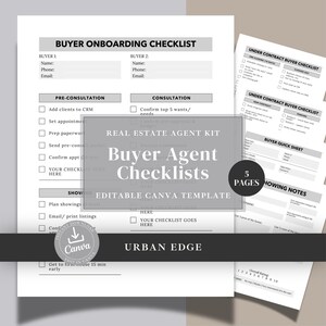 May include: A white paper document titled Buyer Onboarding Checklist with black text and checkboxes, featuring sections for buyer contact details, pre-consultation, and consultation steps. The document includes a 5-page real estate agent kit.