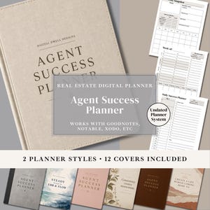 Op de afbeelding: Een beige digitale planner getiteld Agent Success Planner met een linnen-achtige kaft. De afbeelding toont interne paginalay-outs, waaronder een maandelijks overzicht, wekelijkse doelen en een dagelijkse planner, naast twaalf verschillende omslagopties.