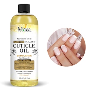 May include: A clear glass bottle of Mova Natural Cuticle Care Oil with a yellow label. The label reads "Original & Premium Nail and Cuticle Oil, Stimulating Nail Growth, 100% Natural, Hydrates Nail Beds, Repair Cracked & Damaged Nails, Moisturize Your Cuticle & Nails, Nourishes Conditions, Natural Growth & Thickness, Manicure Treatment, PARABEN/CRUELTY-FREE, Natural Essential Oil with Vitamin E, 30ml/1.01 fl.oz".