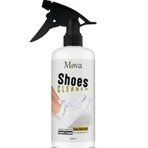 May include: White bottle of Mova Shoes Cleaner with a black spray nozzle. The label features the text "Shoes CLEANER" and an illustration of a white shoe. The bottle contains 500ml of product.