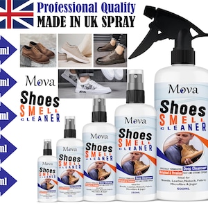 May include: A range of Mova Shoes Smell Cleaner spray bottles, from 30ml to 500ml. The white bottles have black and orange text, and images of shoes and a person smelling a shoe. The text reads "Professional Quality MADE IN UK SPRAY."
