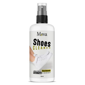 May include: A white bottle of Mova Shoes Cleaner with a black and silver spray nozzle. The label features the text "Shoes CLEANER" and "Deep Cleanser". The bottle contains 50ml of product.