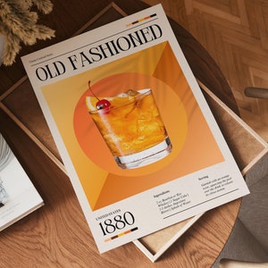 Vintage Bar Cart Wall Art, Old Fashioned Poster, Classic Cocktail Print, DIGITAL DOWNLOAD, Kitchen Wall Art, Minimalist Bar Cart Decor