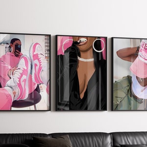 Set of 3 Black Pink HypeBeast Poster, Black Girl Art Print, Urban Life Style, DIGITAL DOWNLOAD, Black Woman Art Print, HypeBeast Wall Art