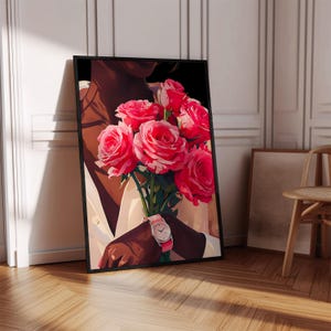 Black Woman with Pink Roses, Girl Room Decor, Stylish Wall Art, Black Woman Art, DIGITAL DOWNLOAD, Black Girl Wall Art, Makeup Room Poster