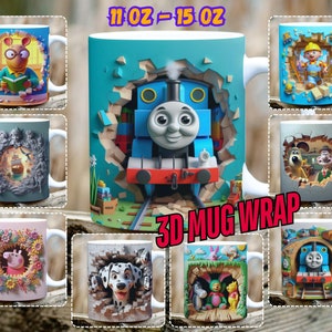 3D Effect Classic Cartoon Movies Character Mug Wrap, 11 oz & 15 oz Mug Bundle Sublimation Wrap, Digital Download, PNG Template, 300 DPI,