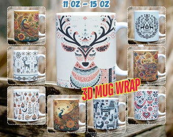 Ethno Tier Mug Wrap Bundle: 11 Unzen & 15 Unzen PNG Vorlage (Digital Download)