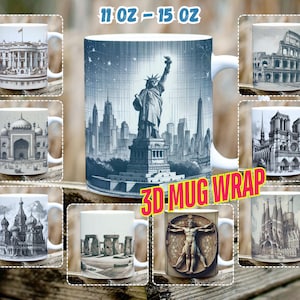 Pack of 9 Sketch Drawing Statue of Liberty, Stonehenge, Colosseum, The White House Mug Wrap, 11 Oz & 15 Oz Mug Sublimation Wrap, 300 DPI