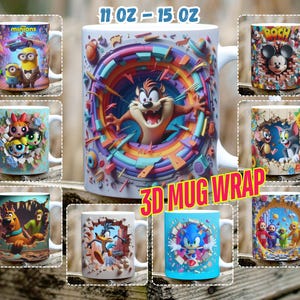 3D Effect Classic Cartoon Movies Character Mug Wrap, 11 oz & 15 oz Mug Bundle Sublimation Wrap, Digital Download, PNG Template, 300 DPI,
