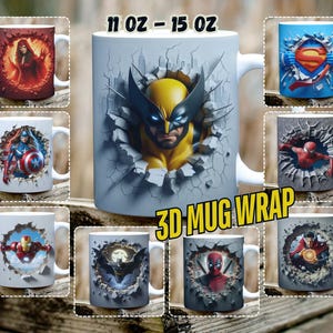 May include: A selection of white ceramic mugs, each decorated with superhero imagery such as Wolverine, Superman, and Spider-Man. The designs have a 3D effect, with characters seemingly emerging from a wall. The mugs are labeled as 312 ml - 444 ml.