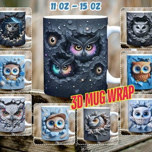 以下が含まれることがあります： さまざまなポーズと色のフクロウを特徴とする、3Dプリントされたマグカップラップのセットです。ラップは、11オンスまたは15オンスのマグカップに合うように設計されています。画像には「3Dマグカップラップ」というテキストが印刷されています。
