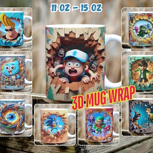 3D Effect Classic Cartoon Movies Character Mug Wrap, 11 oz & 15 oz Mug Bundle Sublimation Wrap, Digital Download, PNG Template, 300 DPI,