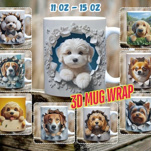 Puede incluir: Diez diseños diferentes para tazas de cerámica de 11 oz o 15 oz con diferentes razas de perros. Cada taza tiene un efecto 3D con el perro asomándose desde un trozo de papel rasgado. El texto "3D Mug Wrap" se muestra en la imagen.