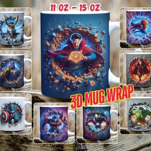 May include: Set of 10 different 11 oz or 15 oz ceramic mugs featuring various superhero characters from Marvel Comics. The mugs have a 3D mug wrap design, with the characters appearing to break through the surface of the mug.