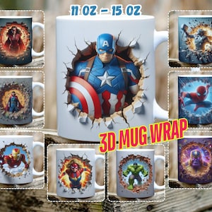 Caneca de filme de super-heróis com efeito 3D, pacote de canecas de 11 oz e 15 oz, embalagem de sublimação com furo na parede, download digital, modelo PNG