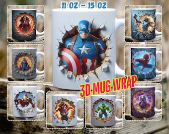 3D Superhero Mug Wrap Bundle: 11oz & 15oz PNG Template (Digital Download)