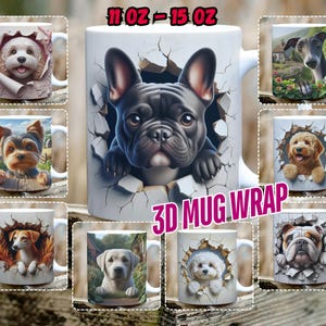 Puede incluir: Conjunto de 10 tazas de cerámica blanca con diseños impresos en 3D de diferentes razas de perros. Cada taza presenta una raza de perro diferente que asoma de una pared agrietada, creando un efecto 3D. Las tazas tienen una capacidad de 325 ml cada una.