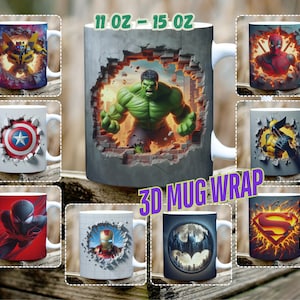 May include: Set of 10 white ceramic mugs with 3D printed designs of popular superhero characters. The mugs are 11 oz - 15 oz and feature characters like Hulk, Spiderman, Superman, Batman, Iron Man, Captain America, Wolverine, Deadpool, and Optimus Prime. The text "3D MUG WRAP" is printed on the image.