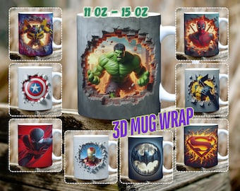 3D Superhero Mug Wrap: 11oz & 15oz Sublimation Design (Digital Download)