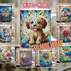 Stained Glass Animal Mug Wrap, 11 oz & 15 oz Mug Bundle Sublimation Wrap, Digital Download, PNG Template, 300 DPI, Owl, Dog, Horse, Kitten,