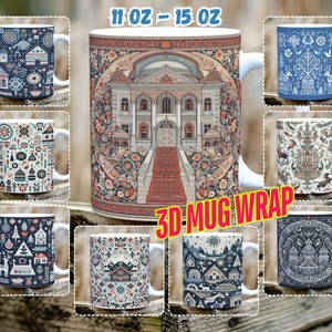 Könnte beinhalten: Set mit 10 verschiedenen Designs für 11 oz oder 15 oz Tassen. Die Designs zeigen eine Vielzahl von Mustern und Farben, darunter Blau, Grün, Rot und Weiß. Die Tassen sind perfekt, um Ihrem Zuhause eine persönliche Note zu verleihen oder als Geschenk.