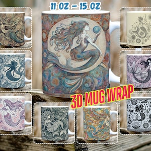 May include: Set of 10 ceramic coffee mugs with a 3D mug wrap design featuring colorful mermaid illustrations. The mugs are available in 11 oz and 15 oz sizes.