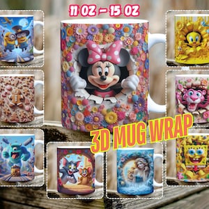 3D Effect Classic Cartoon Movies Character Mug Wrap, 11 oz & 15 oz Mug Bundle Sublimation Wrap, Digital Download, PNG Template, 300 DPI,