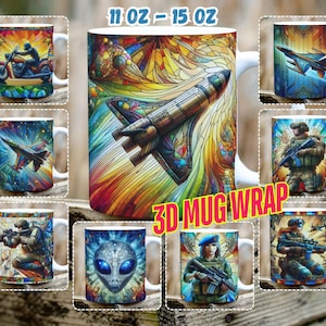 Pode incluir: Conjunto de canecas de cerâmica de 11 oz e 15 oz com vários designs 3D coloridos. Os designs incluem um foguete estilo vitral, um jato de combate no espaço, um soldado com um rifle, um alienígena e um soldado com um rifle em um ambiente de floresta. O texto "3D MUG WRAP" está impresso na imagem.