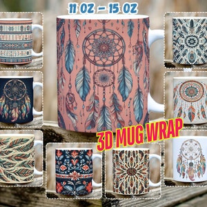 May include: Set of 10 different 11 oz - 15 oz ceramic mugs with 3D printed designs. The designs feature dreamcatchers, feathers, and geometric patterns in various colors, including pink, blue, brown, and white.