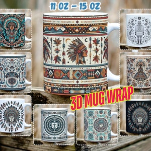K&ouml;nnte beinhalten: Set mit 10 verschiedenen Designs f&uuml;r 11 oz oder 15 oz Tassen. Die Designs zeigen ein indianisches Thema mit geometrischen Mustern, Federn und Kopfbedeckungen in Braun-, Blau-, Wei&szlig;- und Rott&ouml;nen. Der Text "3D MUG WRAP" wird in einem roten Kasten angezeigt.