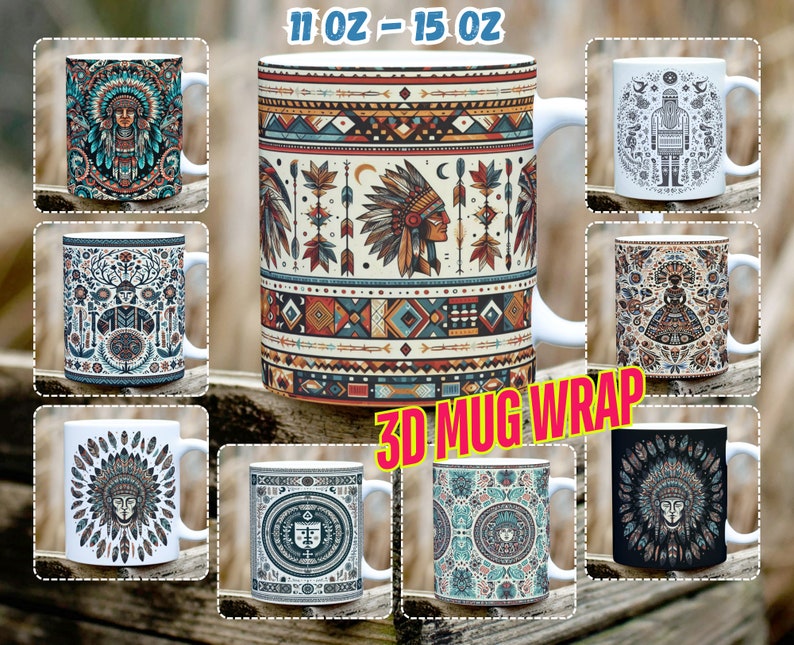 K&ouml;nnte beinhalten: Set mit 10 verschiedenen Designs f&uuml;r 11 oz oder 15 oz Tassen. Die Designs zeigen ein indianisches Thema mit geometrischen Mustern, Federn und Kopfbedeckungen in Braun-, Blau-, Wei&szlig;- und Rott&ouml;nen. Der Text "3D MUG WRAP" wird in einem roten Kasten angezeigt.