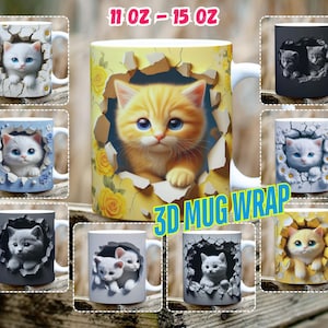 3D Pack of 9 Cute Cat Mug Wrap, 11 Oz & 15 Oz, Hole in The Wall Sublimation Wrap, Digital Download, PNG Template, 300 DPI, Kitten Mug Wrap
