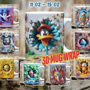 3D Effect Classic Cartoon Movies Character Mug Wrap, 11 oz & 15 oz Mug Bundle Sublimation Wrap, Digital Download, PNG Template, 300 DPI,