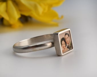 Anillo personalizado con foto / Cuadrado pequeño / Plata de ley