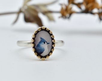 Tufted Titmouse Bird Photo Ring/ sterling silver, bronze