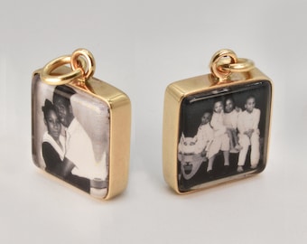 Personalized Gold Double Sided Square Photo Pendant/14k yellow Gold and Glass