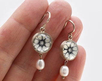 Cosmos Flower Photo and Pearl Earrings