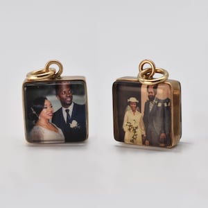 Ciondolo con foto quadrato in oro 14k bifacciale con vetro/misura 12 mm/impermeabile