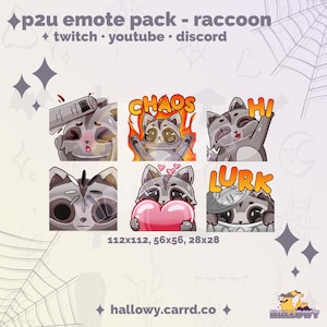 Premade Twitch Emote Pack – Raccoon Cute Emotes for Streamers and Discord - P2U - Instant Download - Kawaii Raccoon - 6 Emote Pack