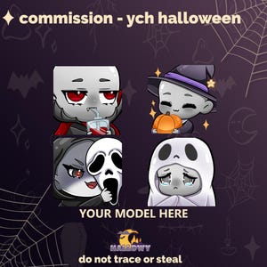 Puede incluir: Un fondo morado con cuatro ilustraciones de personajes de dibujos animados con temática de Halloween. Los personajes incluyen un vampiro, una bruja, un personaje con una máscara de Scream y un fantasma. El texto incluye "commission - ych halloween".